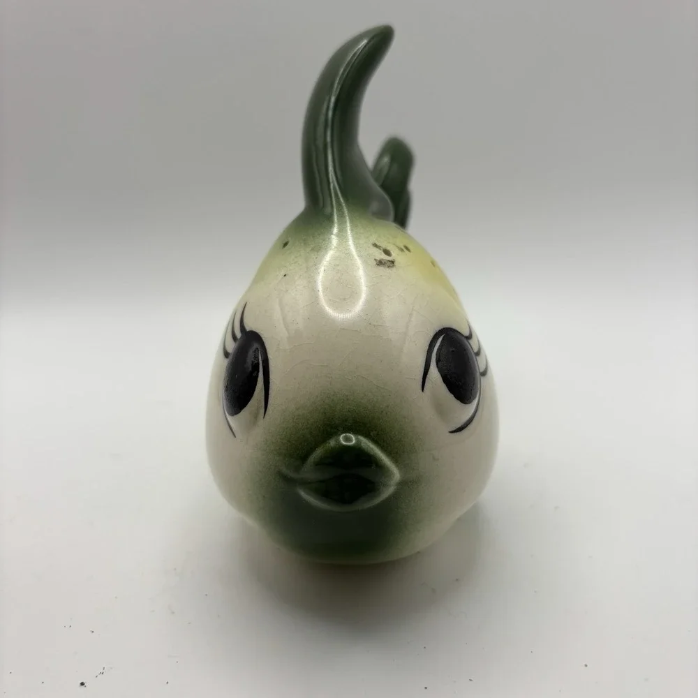 Vtg MCM Ceramic Anthropomorphic Green Yellow Fish Appetizers‎ Toothpick Holder